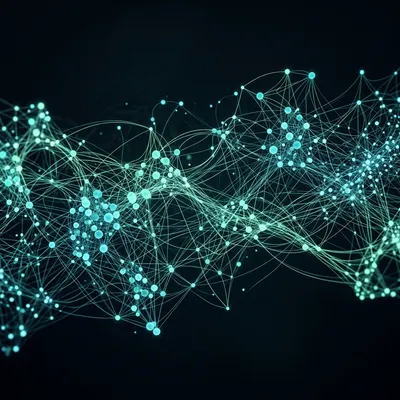 Abstract neural networks and computing connections in ocean blue and mint green tones.